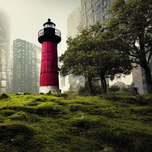 Image similar to photograph of a moss covered light house in the middle of a cyberpunk city on hills