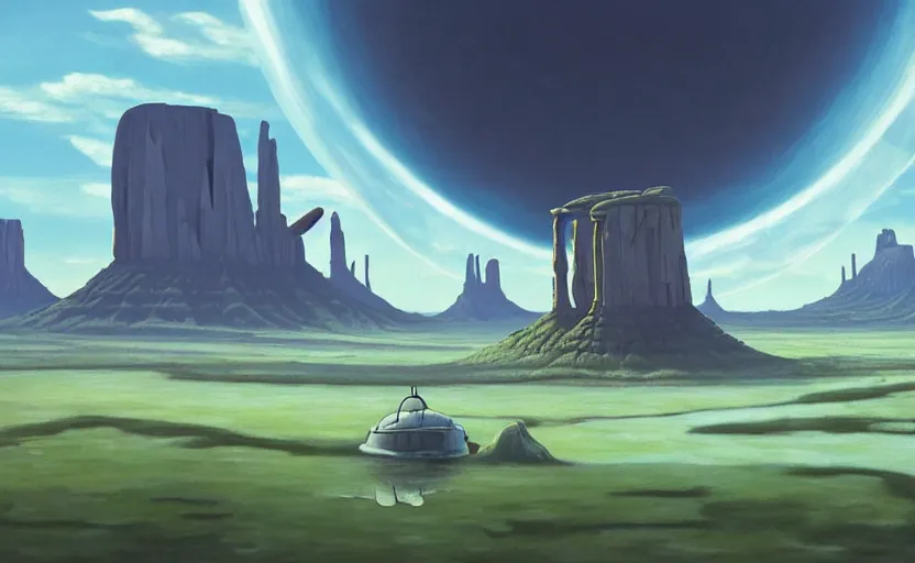 Prompt: a scary hyperrealist painting of a starship in a giant transparent bubble from howl's moving castle ( 2 0 0 4 ) in a flooded monument valley stonehenge jungle. depth perception, 4 k, artstation, in the style of studio ghibli