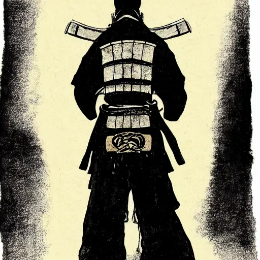 Prompt: A FULL BODY PORTRAIT FROM BEHIND OF A SAMURAI WITH A KATANA AND A CHAIN , ink style , sketch