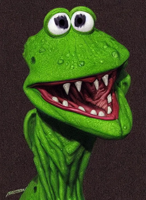 Image similar to portrait of Kermit the frog in Evil Dead (2013), highly detailed, centered, solid color background, digital painting, artstation, concept art, smooth, sharp focus, illustration, artgerm, donato giancola, Joseph Christian Leyendecker, Les Edwards, Ed Repka, WLOP, Artgerm