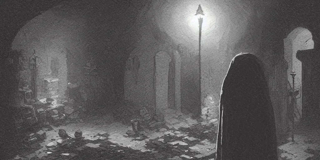 Image similar to a hooded figure carrying a torch approaches an abandoned tavern on a moonlit night, Mike Mignola and Greg Rutkowski