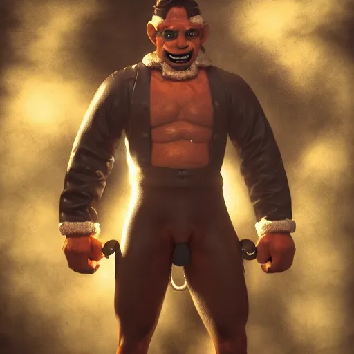 Prompt: 3 5 mm photo of popeye the sailor man wearing leather gear in the style of tom of finland, hairy chest, full body, ultra high detailed, glowing lights, oil painting, unreal 5, daz, hyperrealistic, octane render, rpg portrait, dynamic lighting, fantasy art, beautiful face