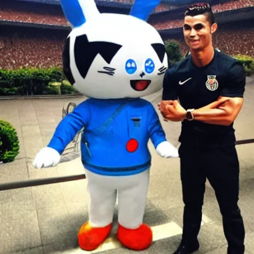 Image similar to cristiano ronaldo wearing a nazi uniform hanging with doraemon in japan