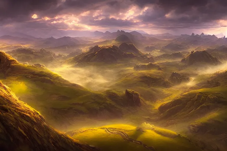 Image similar to high aerial shot, fantasy landscape, sunset lighting ominous shadows, cinematic fantasy painting, dungeons and dragons, rolling hills farmland and pastures, foothills by jessica rossier and brian froud