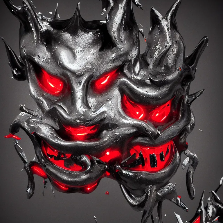 Image similar to a black hannya (般若) mask, kintsugi, symmetrical, ornate, details, smooth, sharp focus, illustration, realistic, cinematic, artstation, award winning, rgb , unreal engine, octane render, cinematic light, macro, depth of field, blur, red light and clouds from the back, 8K,