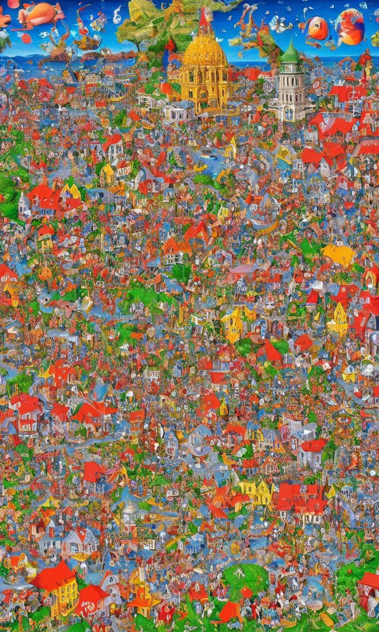 Image similar to an incredibly detailed masterpiece painting of a Where's Waldo puzzle by bosch and lisa frank, ornate, beautiful, bold colors, detailed, high resolution, wow!, intricate