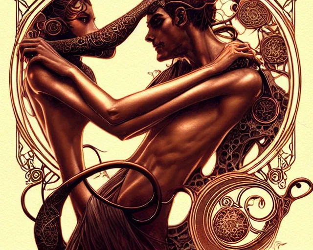 Prompt: Lovers with mechanical eyes, art nouveau, fantasy, intricate copper pipe designs, elegant, highly detailed, sharp focus, art by Artgerm and Greg Rutkowski and WLOP