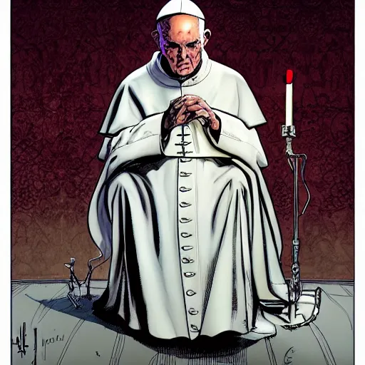 Image similar to The Pope Smoking ,dc comics, dark, intricate, highly detailed, smooth, artstation, digital illustration by Jim Lee and Brian Bolland