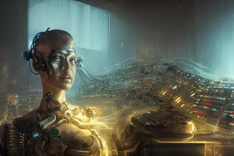 Image similar to a centered photo of a mystical post apocalyptic cyborg playing with modular synthesizers in the most complicated fractal and technical musical studio, powerful, cinematic, beautifully lit, by artgerm, by karol bak, 3 d, perfect face and body, trending on artstation, octane render, 8 k