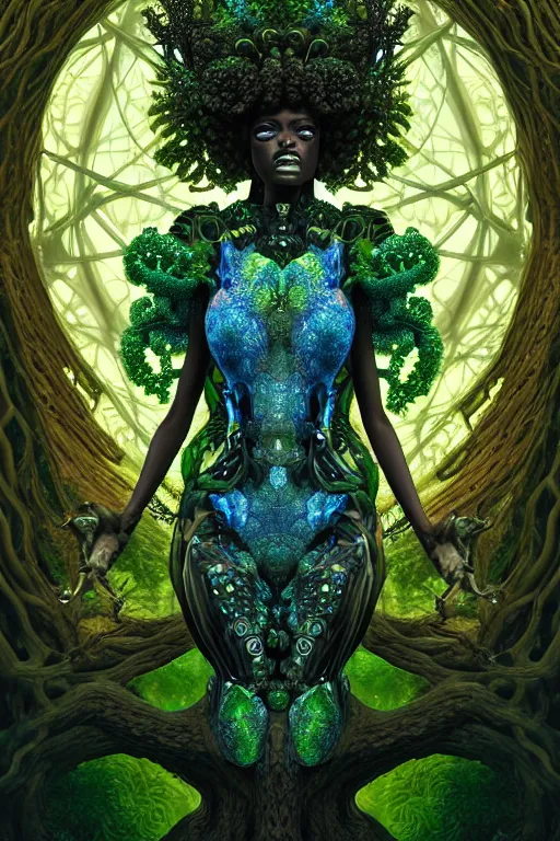 Image similar to hyperrealistic neo - baroque super expressive! black woman with exoskeleton armor, merging with tree in a forest, highly detailed digital art masterpiece smooth cam de leon hannah yata dramatic pearlescent blue green light ground angle hd 8 k sharp focus