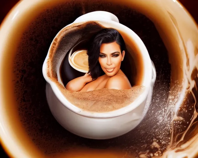 Image similar to Kim Kardashian inside a giant cup of coffee, cinematic, highly detailed, HD, 4K, professional image, professional lighting