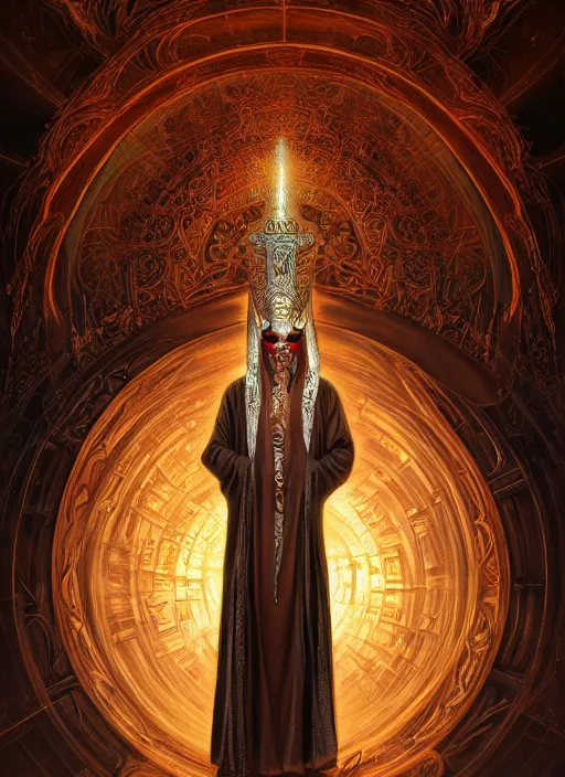 Image similar to slender high priest in a ornate robe, strange headpiece, subsurface scattering, by gerald brom, karol bak, tomasz alen kopera, cgsociety and fenghua zhong, highly detailed, rim light, cinematic lighting, illustration, art, octane render, very coherent, cinematic, hyper realism, high detail, octane render, 8 k