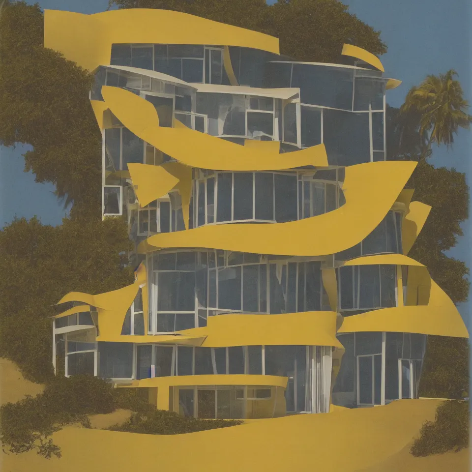 Image similar to architecture ad for a mid-century modern house on the beach, designed by Frank Gehry. Film grain, cinematic, yellow hue