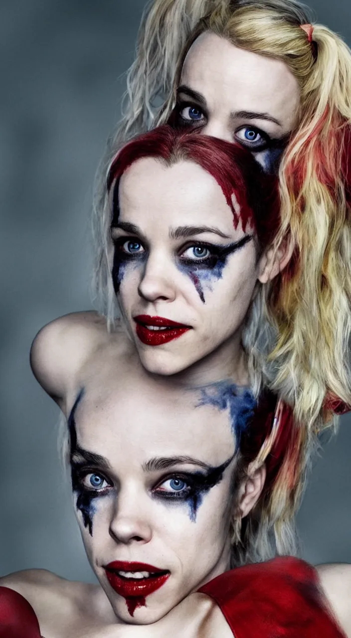 Image similar to Rachel McAdams as Harley Quinn, beautiful, portrait