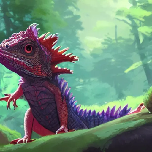 Prompt: concept art painting of an anthropomorphic bearded dragon anthro wearing magenta wizard robes, in the deep forest, realistic, detailed, cel shaded, in the style of makoto shinkai and greg rutkowski and james gurney