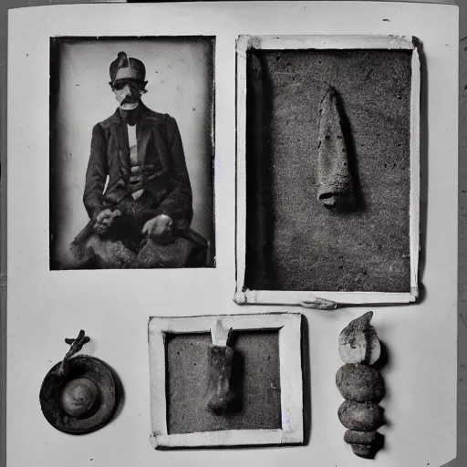 Image similar to Tintype photograph of primitive objects displayed in an ethnographic museum, archive material, anthropology,in the style of Marcel Duchamp, found objects, ready-made, 1920s studio lighting.