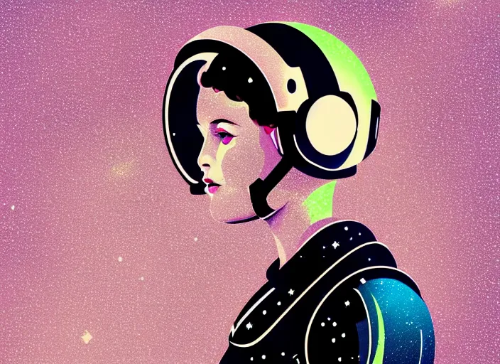 Prompt: portrait of a young astronaut girl, colorful,modern art deco, Mads Berg, Karolis Strautniekas, stippled light, fine texture, editorial illustration, dramatic lighting, dynamic composition, detailed, matte print, dynamic perspective