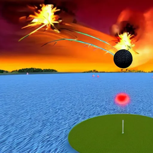 Prompt: Nuclear explosion popping a golf ball, Raft gameplay