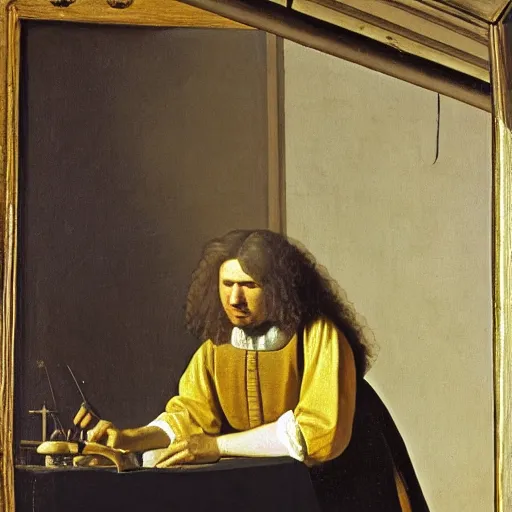 Image similar to An oil painting of Antonie van Leeuwenhoek sat at an escritoire desk with his hand touching an ammonite fossil, there is a window with muntins to his left and a wood closet behind him, in the style of The Astronomer by Vermeer, Dutch Golden Age, Old Masters