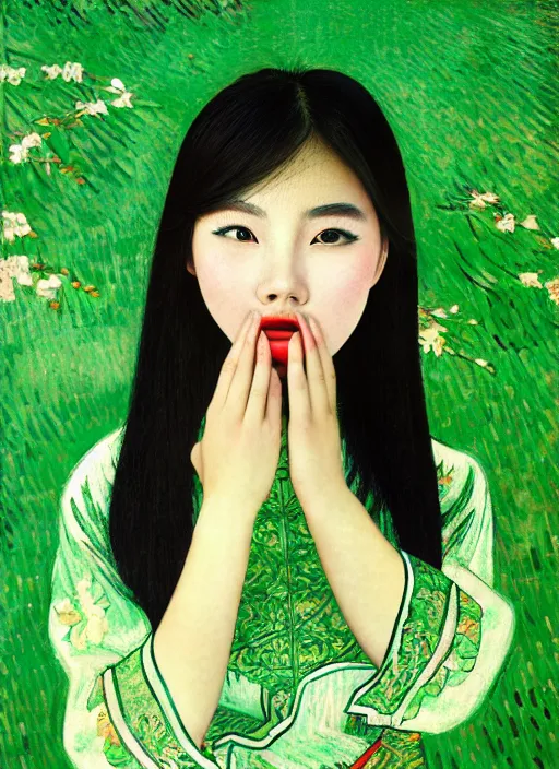 Image similar to portrait of a beautiful chinese shanghai city girl, danfeng eyes, open mouth, green shades, beautiful face, rule of thirds, intricate outfit, spotlight, painting by van gogh, digital