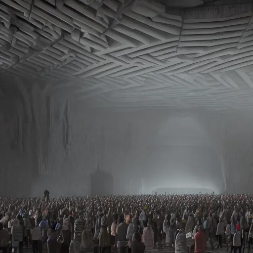 Image similar to photo, weta digital, inside the grand hall of a stunning giant huge brutalist cement palace, a giant floating screaming face made out of swirling colorful glowing particles, a huge crowd of people in black cult robes kneeling down, octane render, featured on cgsociety, volumetric lighting and shadows, fog, moody, atmospheric, 8 k