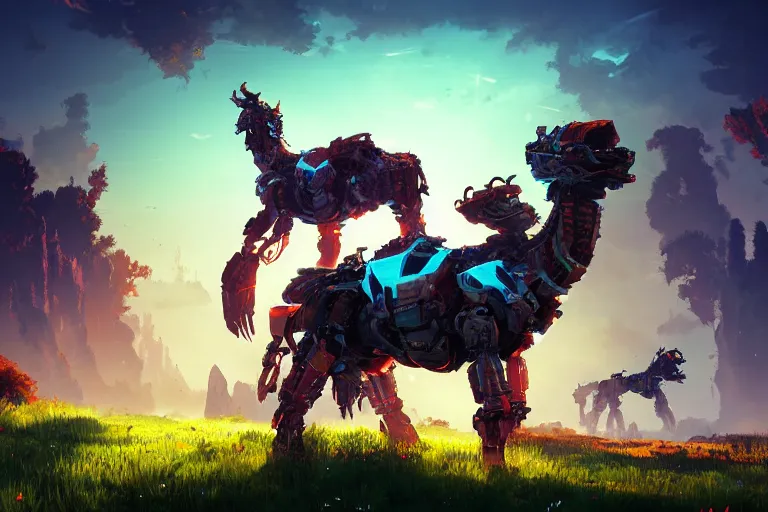 Image similar to grazer machine mecanical creature robot of horizon forbidden west horizon zero dawn radiating a glowing aura global illumination ray tracing hdr fanart arstation by ian pesty and alena aenami artworks in 4 k