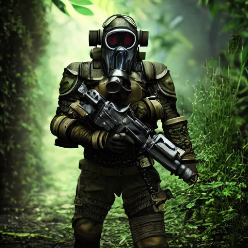 Image similar to a heavily armored man wearing a gasmask, in the jungle, realistic octane render, high detaul