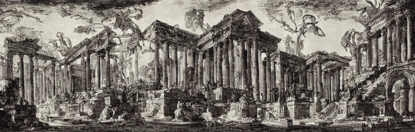 Image similar to a imaginative and theatrical architectural interior landscape, etching by giovanni battista piranesi