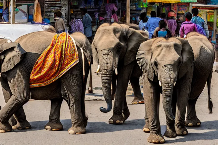 Image similar to elephants walking through an street market in India