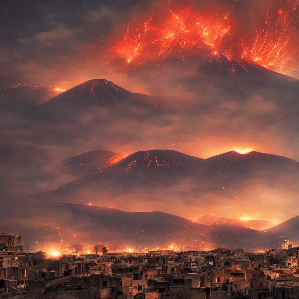 Image similar to Grand Pompeii city facing the erupting volcano, by Sebastian Luca photorealistic cinematic volume lighting