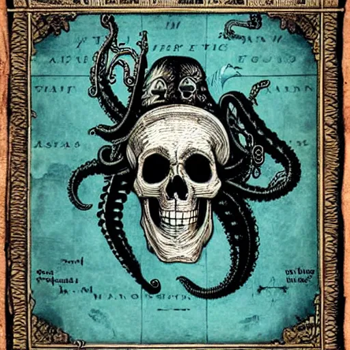 Prompt: skull of a pirate with tentacles protruding out at the bottom of the ocean old european map