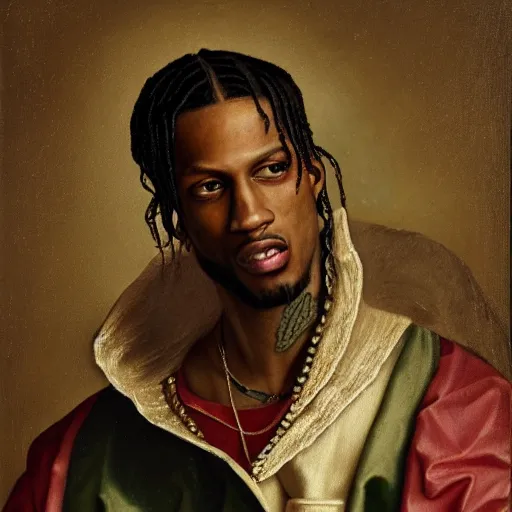 Image similar to a renaissance style portrait painting of travis scott