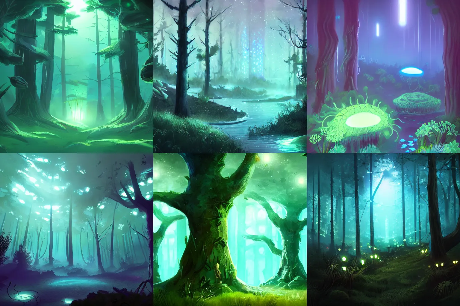 Prompt: bioluminescent forest, artstation