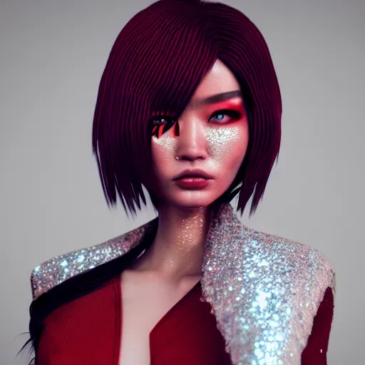 Prompt: Japanese model with maximalist hair style and makeup, fashion model, unreal engine octane, red and white, portrait, glitter, depth of field, 8k, hyper detailed, intricate, trending on artstation