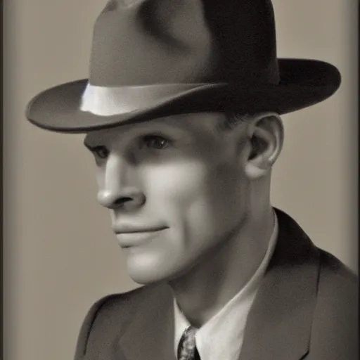 Image similar to A photograph portrait of Jerma985 wearing a suit with and fedora in the 1940s, taken in the early 1940s, grainy, taken on a 940s Kodak Camera, realistic, hyperrealistic, very realistic, highly detailed, very detailed, extremely detailed, detailed, digital art, trending on artstation