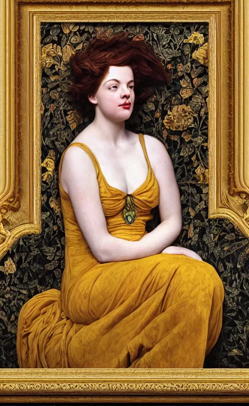 Prompt: preraphaelite full body reclining portrait photography masterpiece, facial features are a hybrid of judy garland and a thin jo brand, thin aged 2 5, foreshortening, brown hair fringe, yellow ochre ornate medieval dress, frederic leighton, background by william morris and kilian eng, framed, 4 k