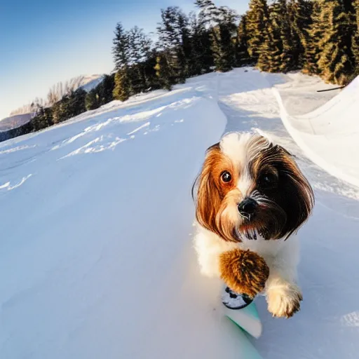 Image similar to a cream-colored havanese dog snowboarding, gopro photo, 4k