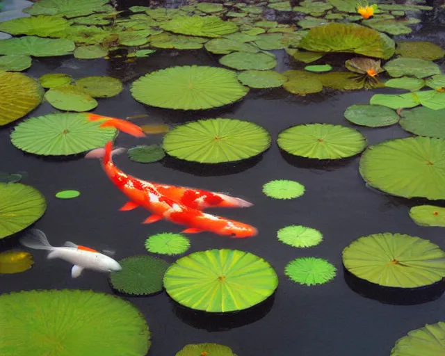 Prompt: koi pond, lotus flowers, dark blue water, green lily pads, goldfish, a fantasy digital painting by makoto shinkai and greg rutkowski, trending on artstation,