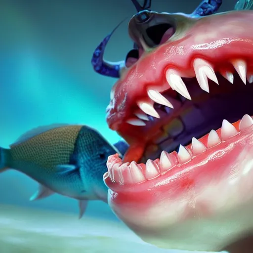 Image similar to a fish wearing human dentures, amazing, beautiful, perfect eyes, full body shot, portrait, vivid colors, elegant, concept art, sharp focus, digital art, Hyper-realistic, 4K, Unreal Engine, Highly Detailed, HD, Dramatic Lighting by Brom, trending on Artstation