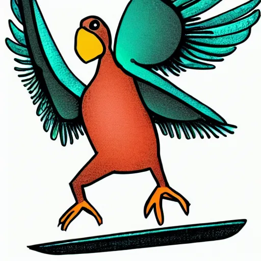 Image similar to cute illustration of a dodo bird surfing. super cute. tropical. colorful.