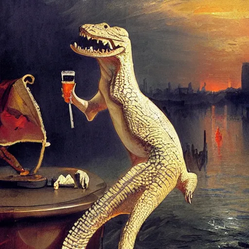 Prompt: summer winter excited paris triangle crocodile beer iceberg muscat, by j. m. w. turner and robert henri and william hogarth, fauvist, zbrush central, tarot card