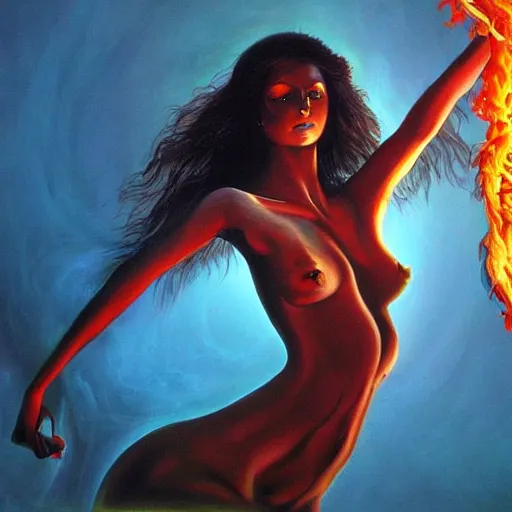 Image similar to A beautiful painting of a goddess with a body made of flames by Jim Burns, ultra-detailed