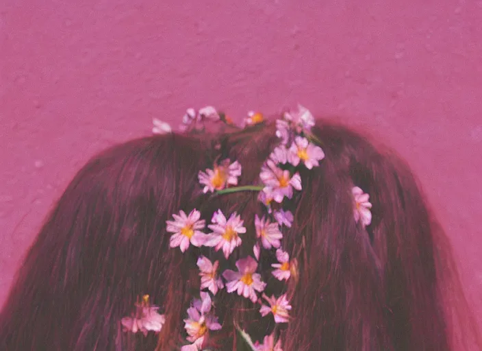 Image similar to extra close-up, color film photography, the back of a woman\'s head with interwoven flowers against a pink wall, daylight, 35mm