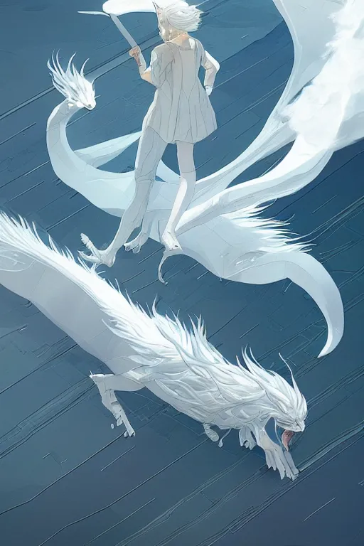 Prompt: vanishing point, white hair eva riding on the white dragon's neck ready to fight, by victo ngai and makoto shinkai, partner, global illumination, radiant light, minimalist, unreal engine 5, concept art ，, digital painting, artstation, smooth, sharp foccus, artstation hq