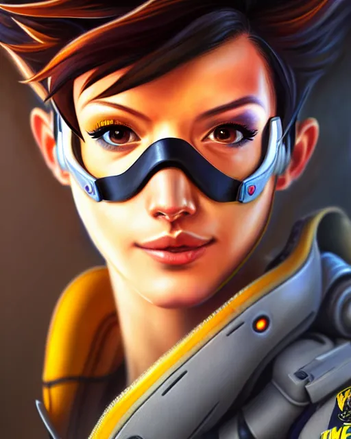 Image similar to tracer from overwatch, pilot jacket, character portrait, portrait, close up, highly detailed, intricate detail, amazing detail, sharp focus, vintage fantasy art, vintage sci - fi art, radiant light, caustics, by boris vallejo