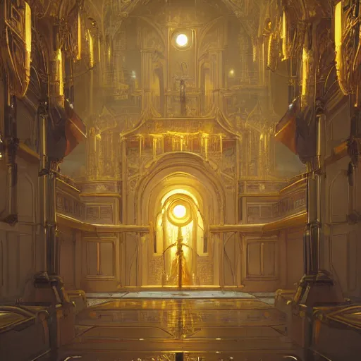 Image similar to a background matte painting for a scifi religious room with chambers of bubbling liquid gold intricate digital painting artstation concept art smooth sharp focus illustration, art by artgerm and greg rutkowski and alphonse mucha