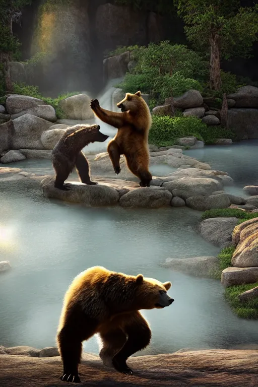 Image similar to fullbody portrait of a bear and a wolf playing capoeira in a hot spring. volumetric light, detailed, photorealistic, fantasy, rendered in octane