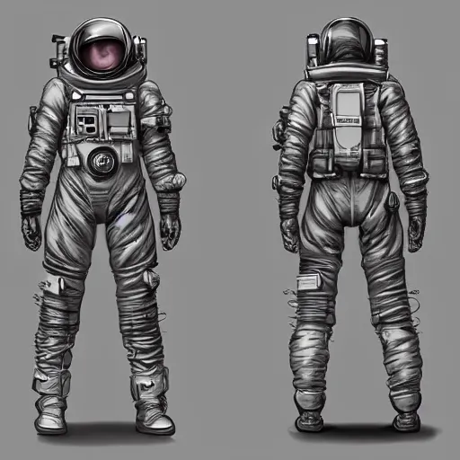 Image similar to Front, side and back character view of Astronaut from Kojima Productions by Donato Giancola, trending on Artstation concept arts