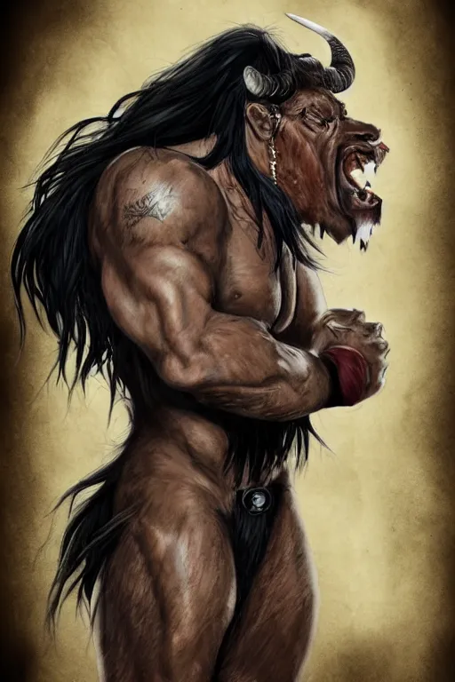 Prompt: portrait of a heavily scarred tall muscular bull man barbarian with long black hair, fursona, furry art