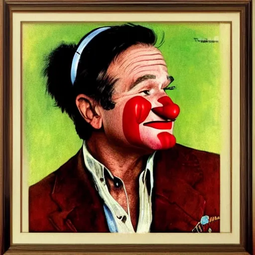 Image similar to Robin Williams as a sad clown painted by Norman Rockwell